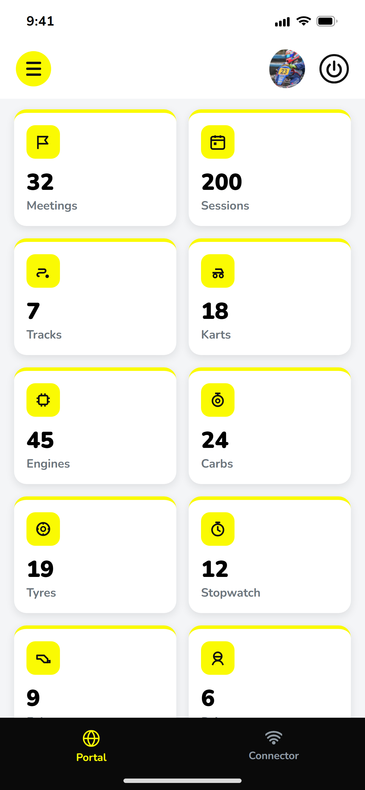 KartSetups portal dashboard showing meetings, sessions, karts and equipment counts