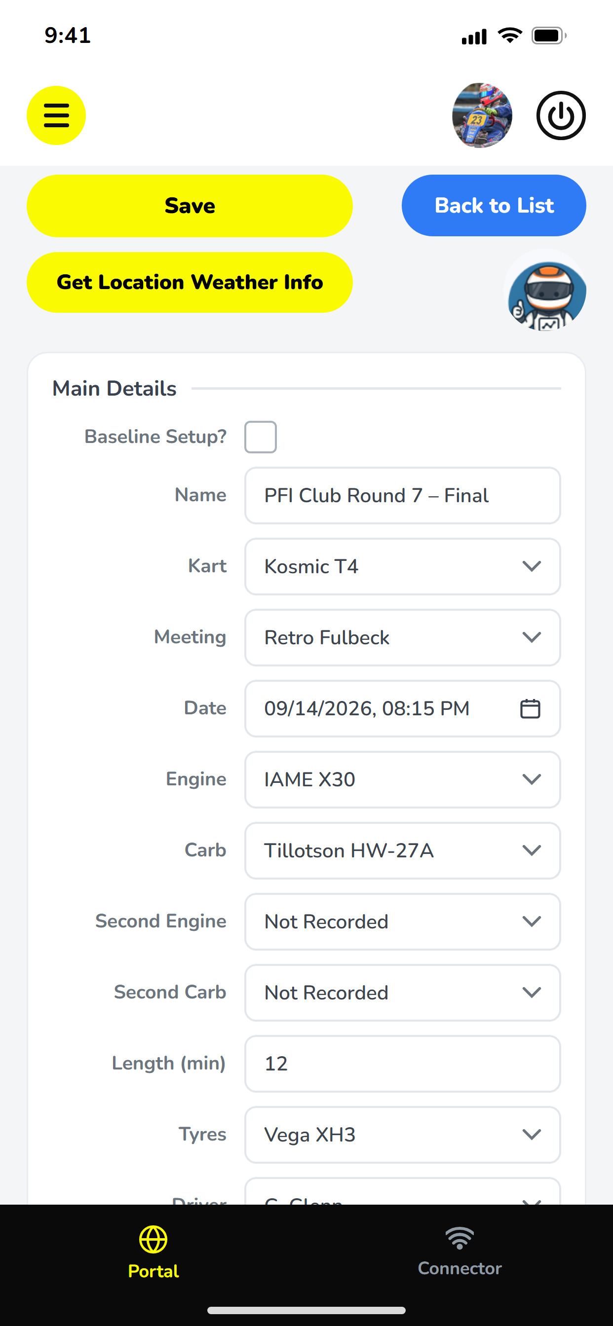Session setup entry form with kart, engine, carb and tyre fields