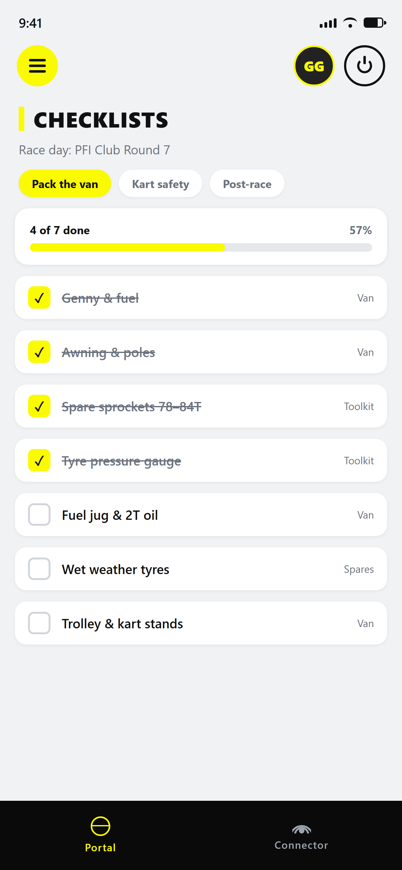 Race day checklist with packing progress