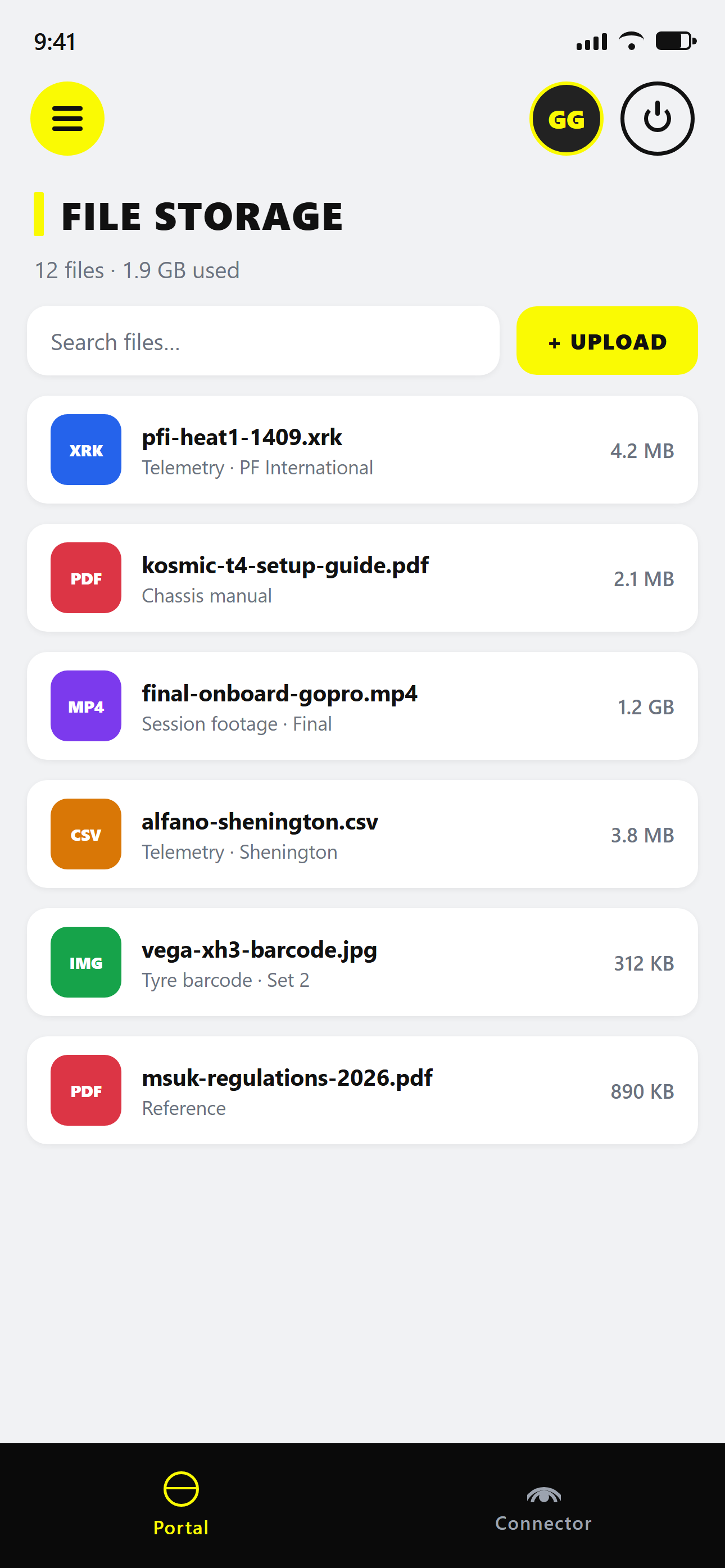 File storage listing telemetry files, PDFs, videos and images